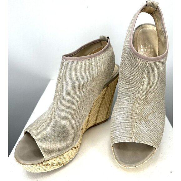 Stuart Weitzman Womens Wedge Heel Sandals Espadrille Platform Canvas Beige 9.5M - Picture 1 of 12